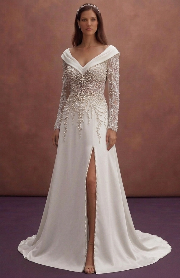 Pearl Wedding Dress with Elegant Portrait Neckline