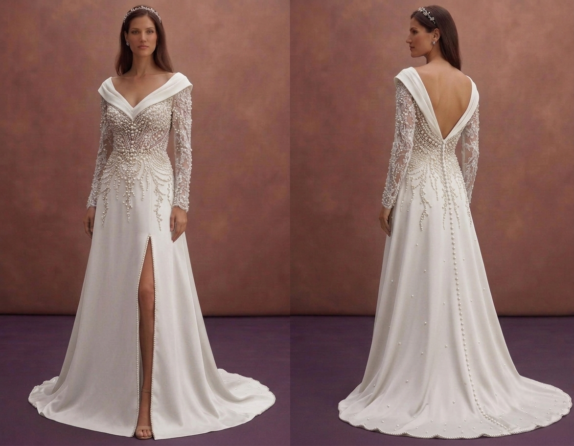 Pearl Wedding Dress with Elegant Portrait Neckline