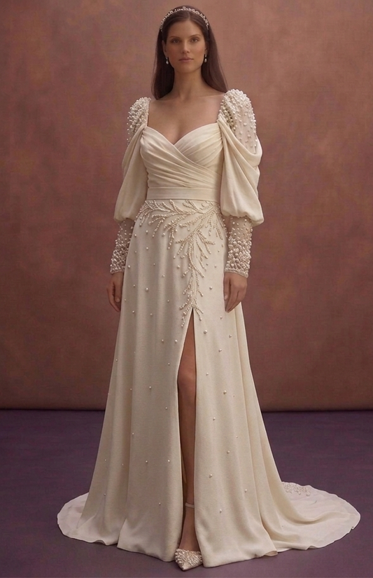 Pearl Wedding Dress with Soft Puff Sleeve Design