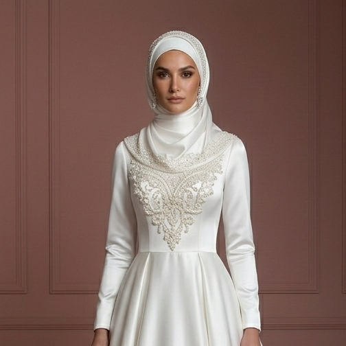 Pearl White Ball Gown – Satin Hijab Wedding Dress for Brides Muslim