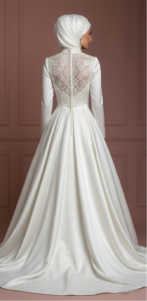 Pearl White Ball Gown – Satin Hijab Wedding Dress for Brides Muslim