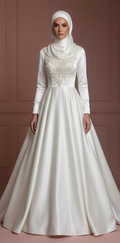 Pearl White Ball Gown – Satin Hijab Wedding Dress for Brides Muslim