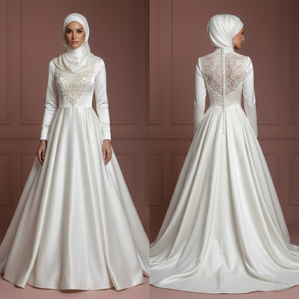 Pearl White Ball Gown – Satin Hijab Wedding Dress for Brides Muslim