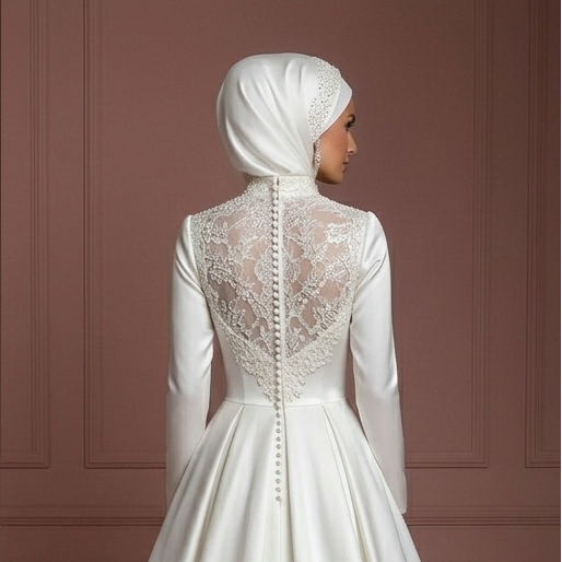 Pearl White Ball Gown – Satin Hijab Wedding Dress for Brides Muslim
