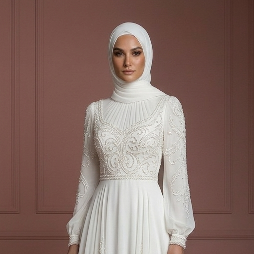 Pearl White Chiffon Flowing Wedding Dress – Elegant Hijab-Friendly Style Muslim