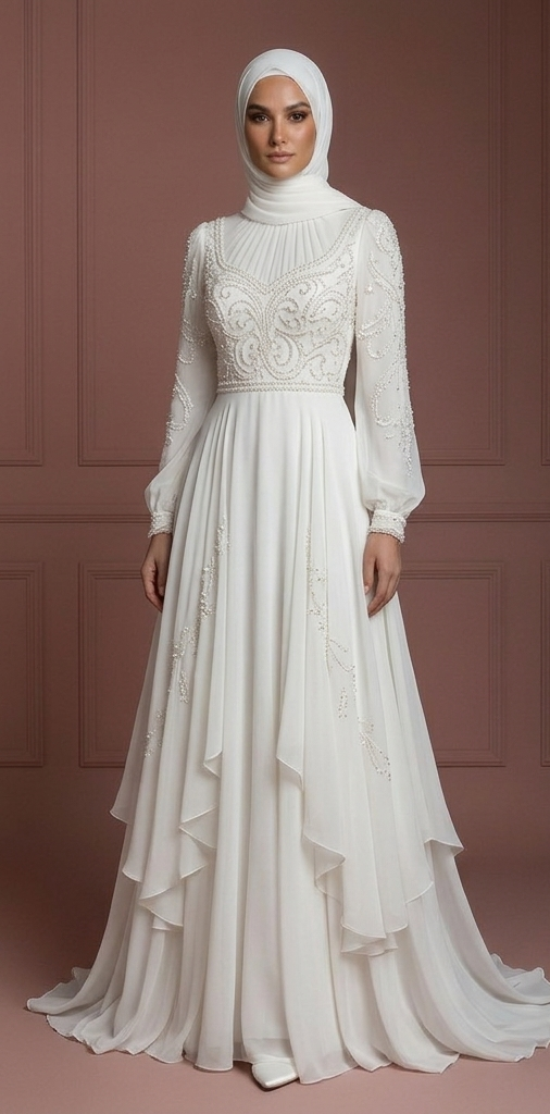 Pearl White Chiffon Flowing Wedding Dress – Elegant Hijab-Friendly Style Muslim