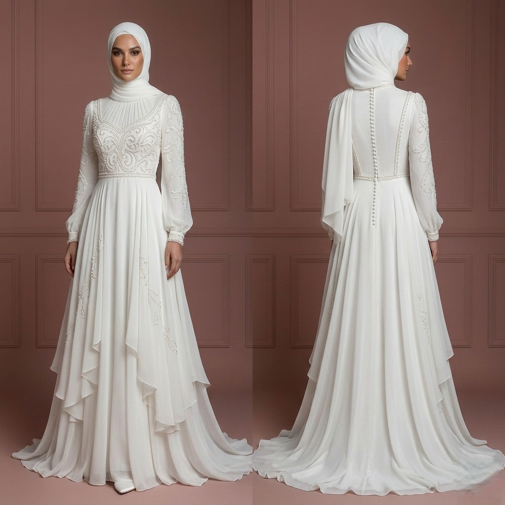 Pearl White Chiffon Flowing Wedding Dress – Elegant Hijab-Friendly Style Muslim