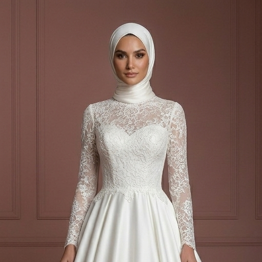 Pearl White Lace Ball Gown – Elegant Hijab-Friendly Style Wedding Dress Muslim