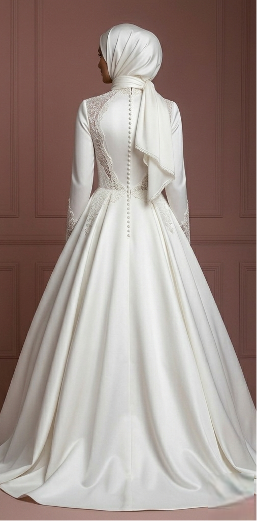 Pearl White Lace Ball Gown – Elegant Hijab-Friendly Style Wedding Dress Muslim