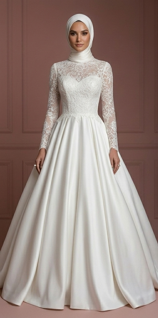Pearl White Lace Ball Gown – Elegant Hijab-Friendly Style Wedding Dress Muslim
