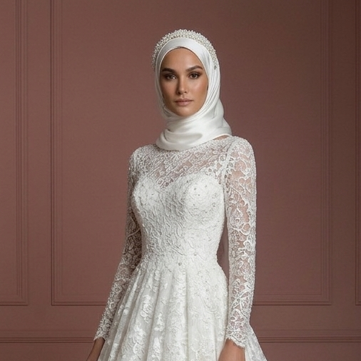 Pearl White Lace Ball Gown – Hijab-Friendly Elegant Wedding Dress Muslim