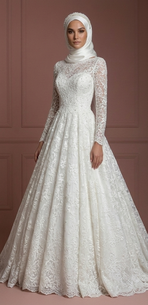 Pearl White Lace Ball Gown – Hijab-Friendly Elegant Wedding Dress Muslim