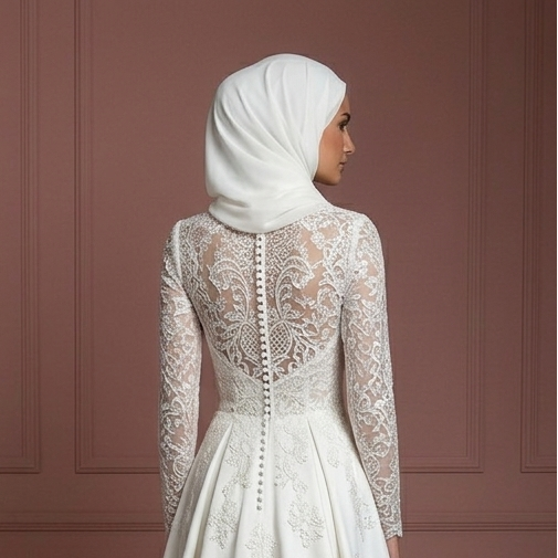 Pearl White Lace Bridal Gown – Long Sleeve Modest Muslim Wedding Dress