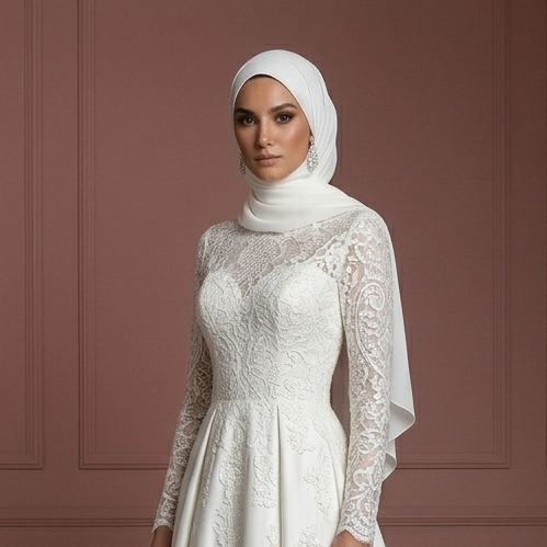 Pearl White Lace Bridal Gown – Long Sleeve Modest Muslim Wedding Dress