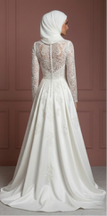 Pearl White Lace Bridal Gown – Long Sleeve Modest Muslim Wedding Dress