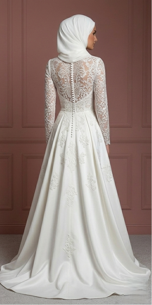 Pearl White Lace Bridal Gown – Long Sleeve Modest Muslim Wedding Dress