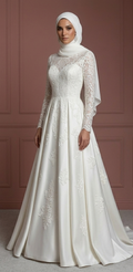 Pearl White Lace Bridal Gown – Long Sleeve Modest Muslim Wedding Dress