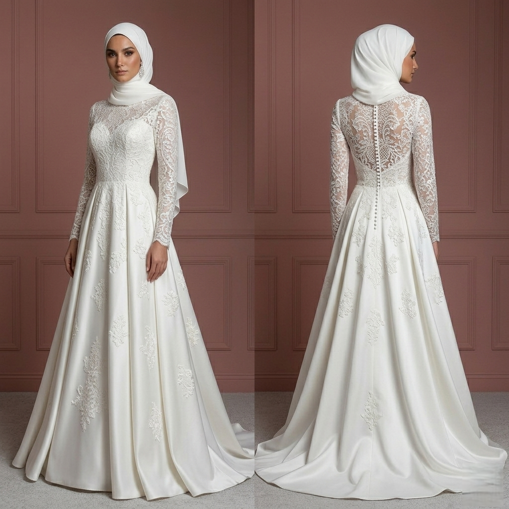 Pearl White Lace Bridal Gown – Long Sleeve Modest Muslim Wedding Dress