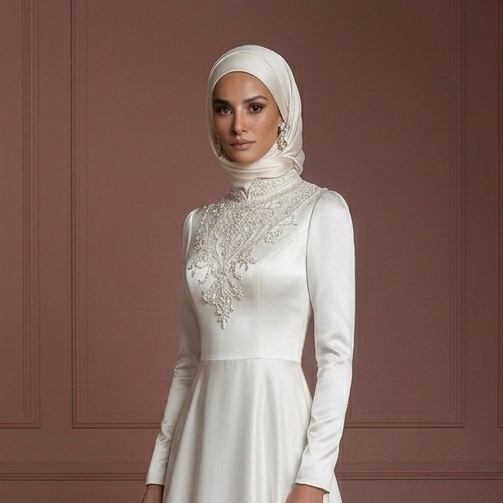 Pearl White Satin Long Sleeve Wedding Dress – Elegant Hijab Style Muslim