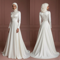 Pearl White Satin Long Sleeve Wedding Dress – Elegant Hijab Style Muslim
