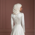 Pearl White Satin Long Sleeve Wedding Dress – Elegant Hijab Style Muslim