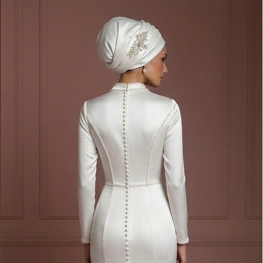 Pearl White Satin Mermaid Wedding Dress – Modest Hijab Bridal Style Muslim