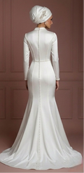 Pearl White Satin Mermaid Wedding Dress – Modest Hijab Bridal Style Muslim