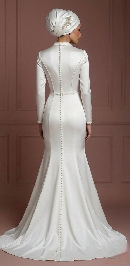 Pearl White Satin Mermaid Wedding Dress – Modest Hijab Bridal Style Muslim