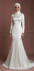 Pearl White Satin Mermaid Wedding Dress – Modest Hijab Bridal Style Muslim
