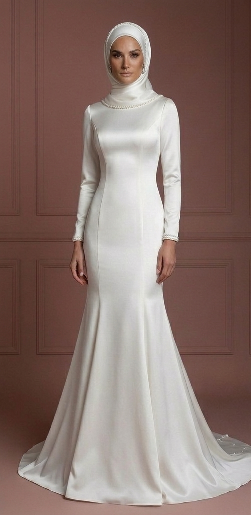 Pearl White Satin Mermaid Wedding Dress – Modest Hijab Bridal Style Muslim