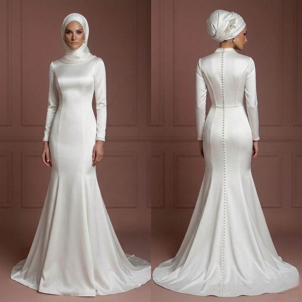 Pearl White Satin Mermaid Wedding Dress – Modest Hijab Bridal Style Muslim