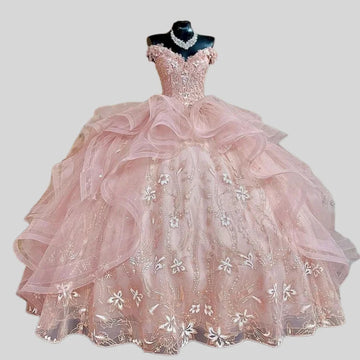 Glittering Pink Quinceanera Dress Off-Shoulder Party Prom Dress Lace Applique Sweet 16 Princess Vestidos De 15 Anos