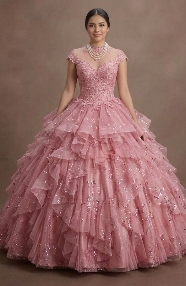 Pink Quinceañera Dress - Multi-Layered Tulle Skirt 2026