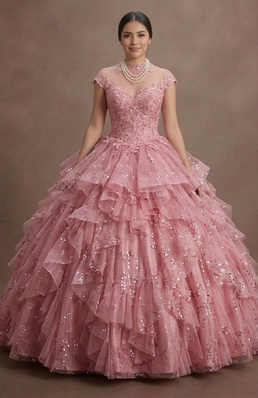 Pink Quinceañera Dress - Multi-Layered Tulle Skirt 2026