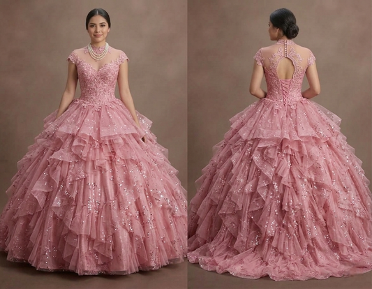 Pink Quinceañera Dress - Multi-Layered Tulle Skirt 2026