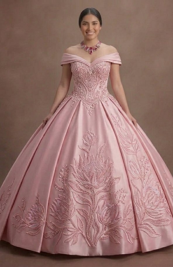 Pink Quinceañera Dress - Princess Style Beaded Satin