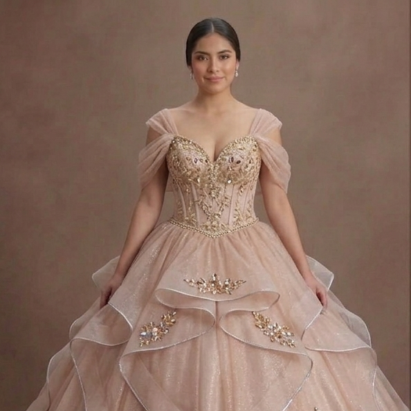 Pink Quinceañera Dress - Shimmering Champagne-Pink Tulle