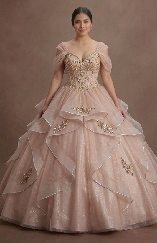 Pink Quinceañera Dress - Shimmering Champagne-Pink Tulle
