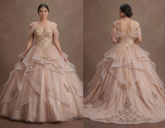 Pink Quinceañera Dress - Shimmering Champagne-Pink Tulle