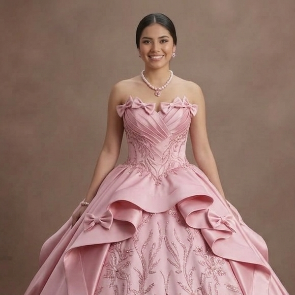 Pink Quinceañera Dress - Strapless Satin Gown with Bows