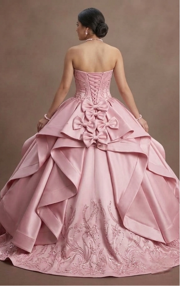 Pink Quinceañera Dress - Strapless Satin Gown with Bows