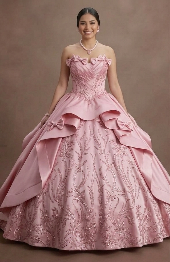 Pink Quinceañera Dress - Strapless Satin Gown with Bows