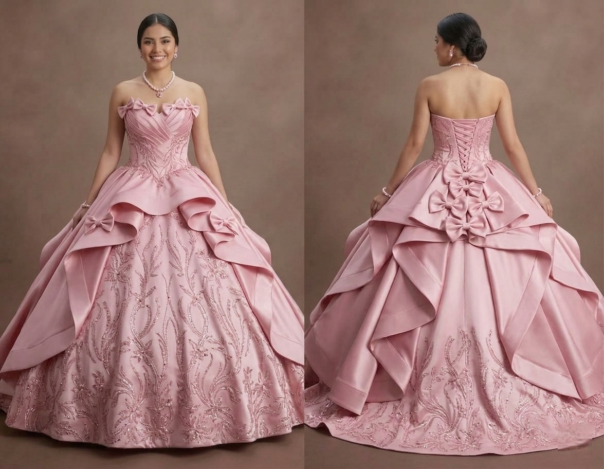 Pink Quinceañera Dress - Strapless Satin Gown with Bows
