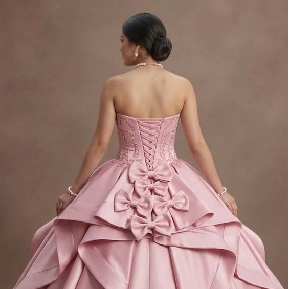 Pink Quinceañera Dress - Strapless Satin Gown with Bows