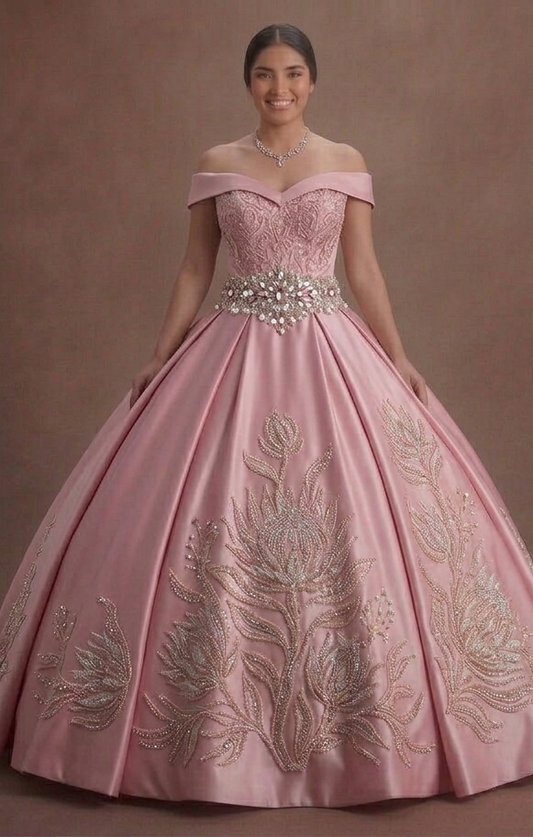 Pink Quinceañera Dress Crystal Waistband Satin Gown