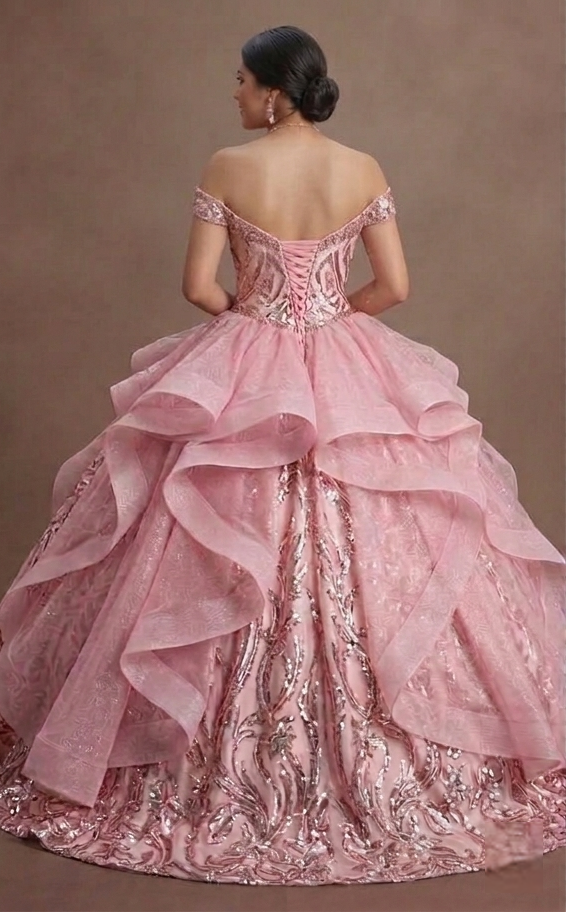 Pink Quinceañera Dress Glitzy Sequin Fabric for 2026