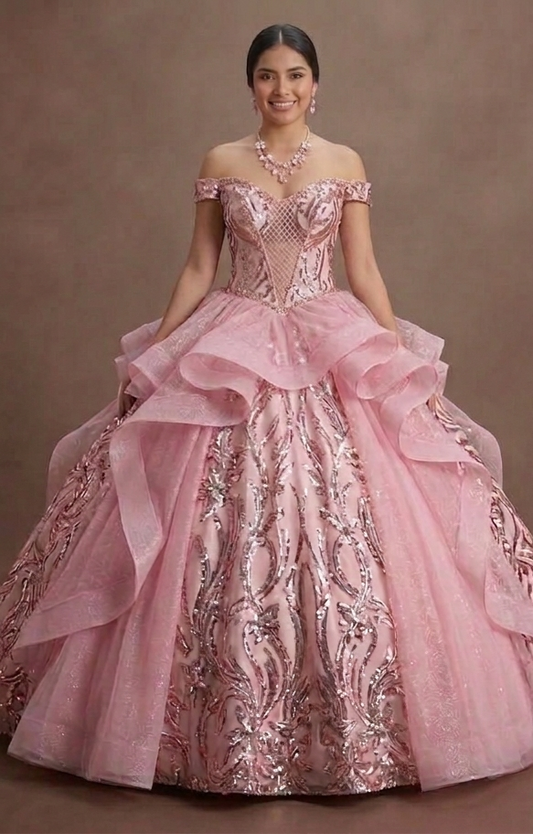 Pink Quinceañera Dress Glitzy Sequin Fabric for 2026