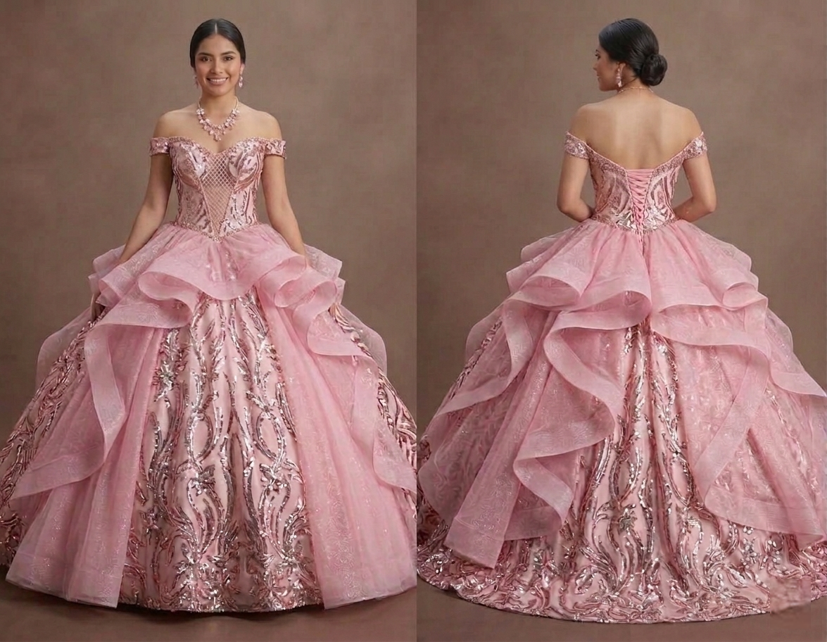 Pink Quinceañera Dress Glitzy Sequin Fabric for 2026