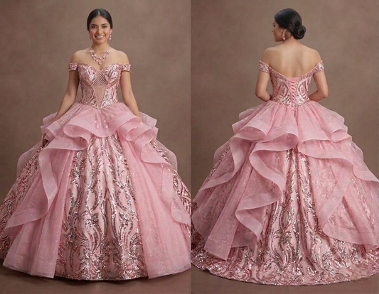Pink Quinceañera Dress Glitzy Sequin Fabric for 2026