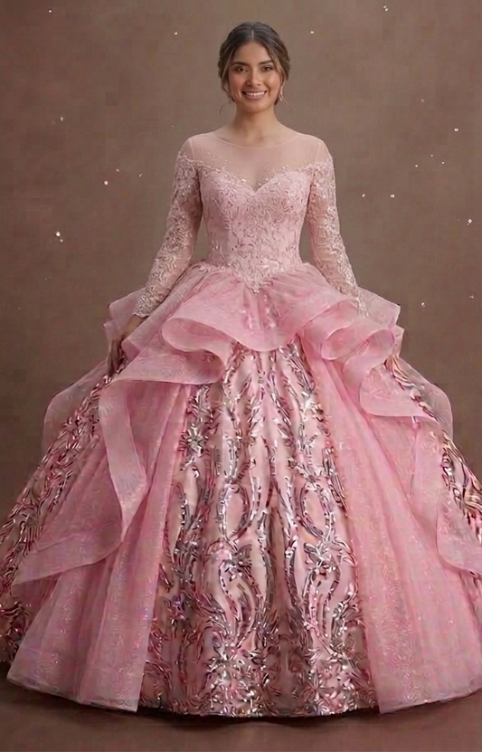 Pink Quinceañera Dress Illusion Neckline Tulle Gown
